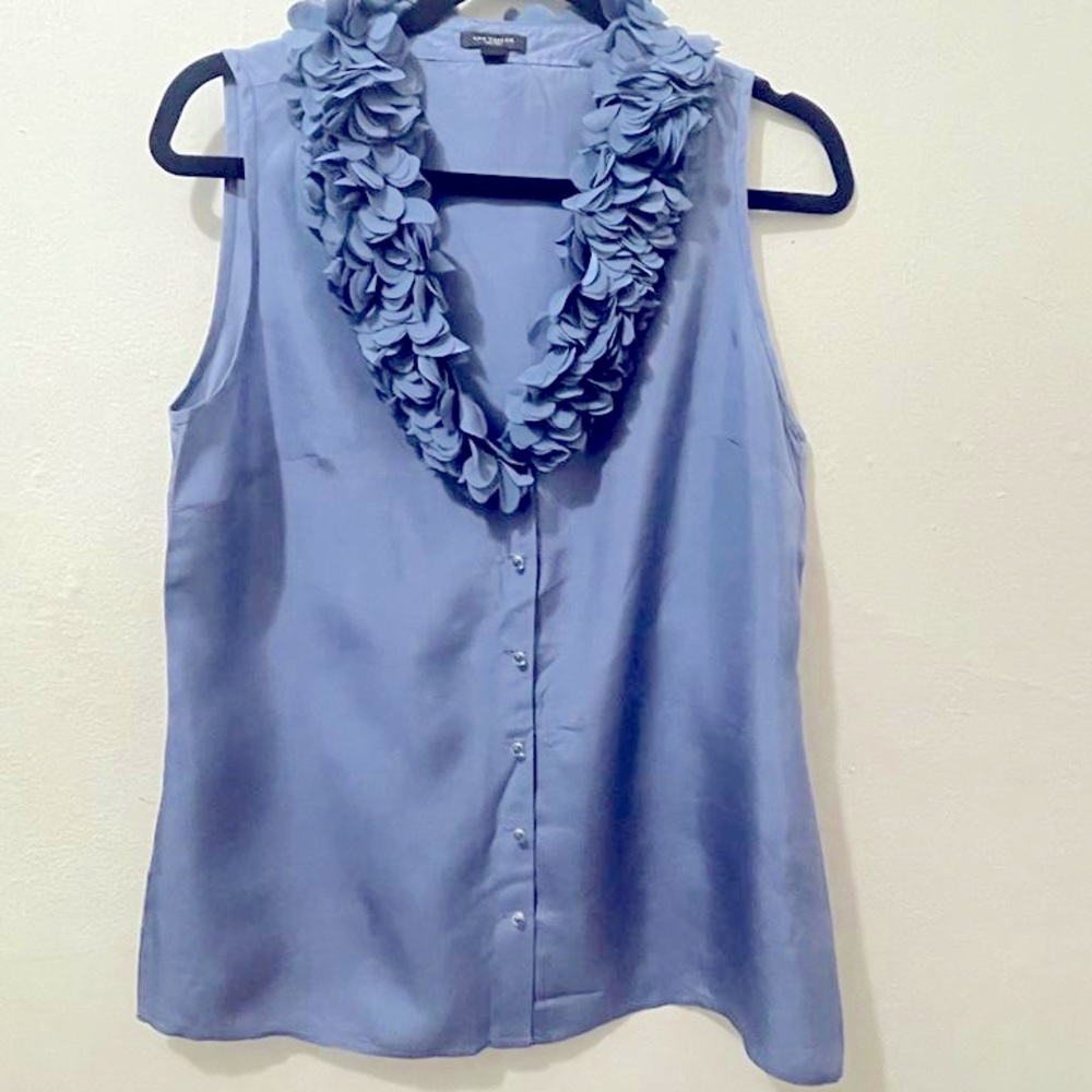 Ann Taylor Ruffle collar light blue sleeveless satin blouse size M